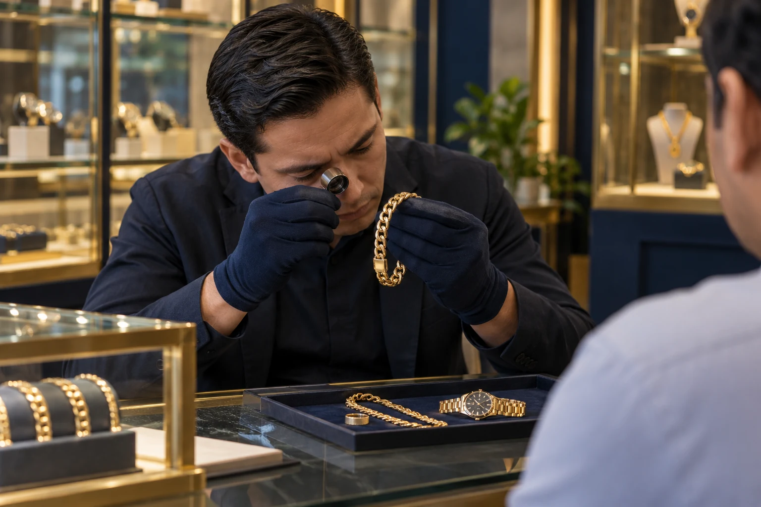 Inspección de una pulsera de oro en el mostrador de una casa de empeño